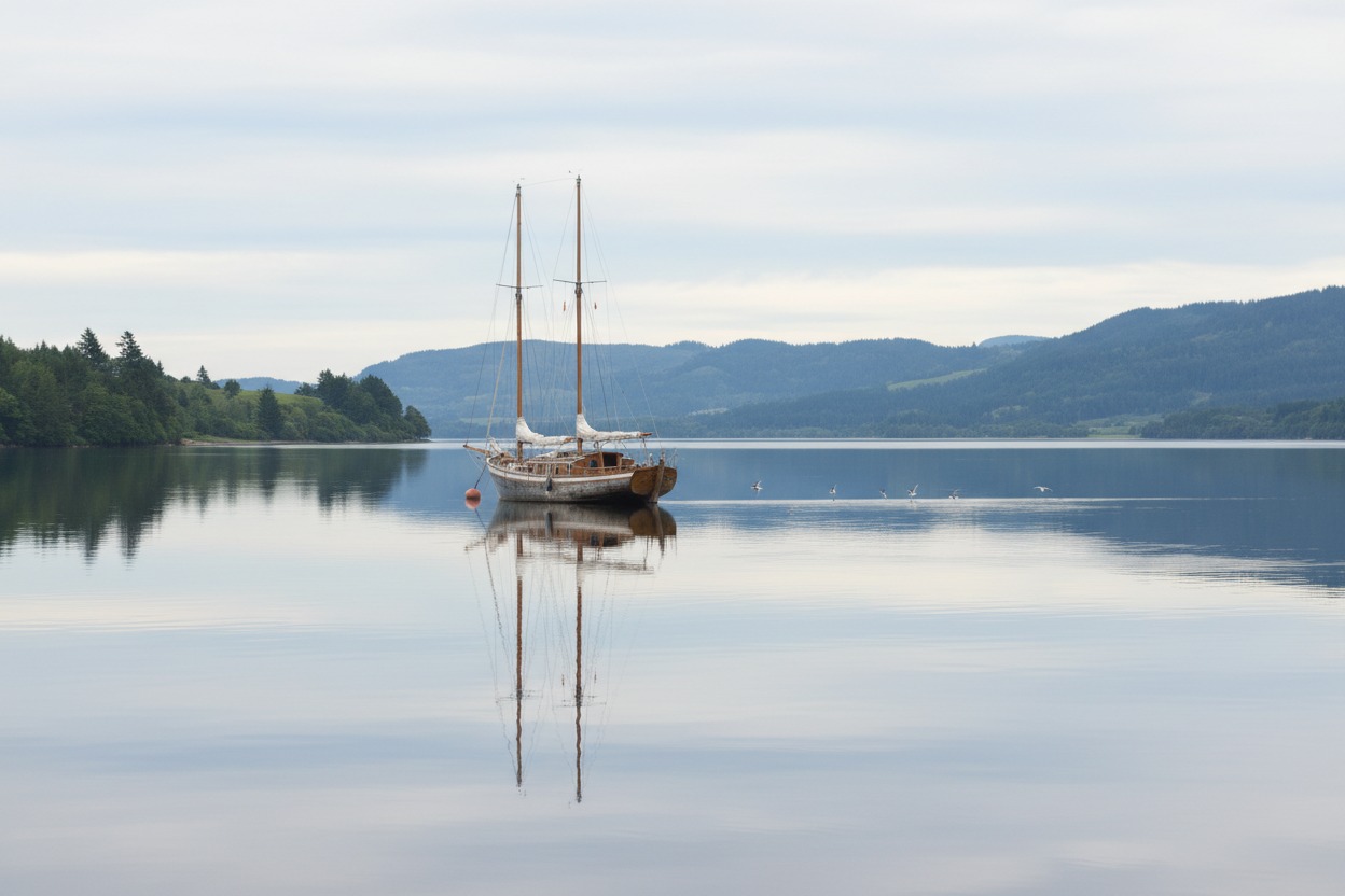 A two-masted wooden sailboat is moored on a calm, reflective lake surrounded by forested hills under an overcast sky.