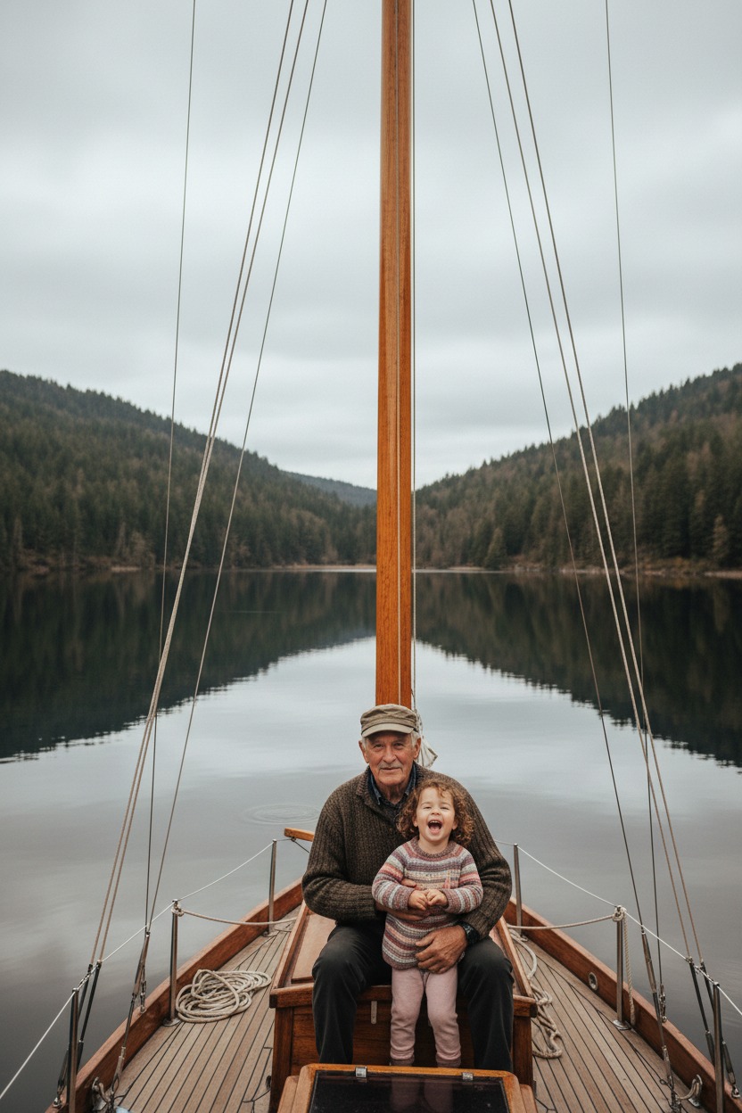 A grandfather and his laughing granddaughter sit on the wooden deck of a sailboat on a calm lake bordered by tree-covered hills.