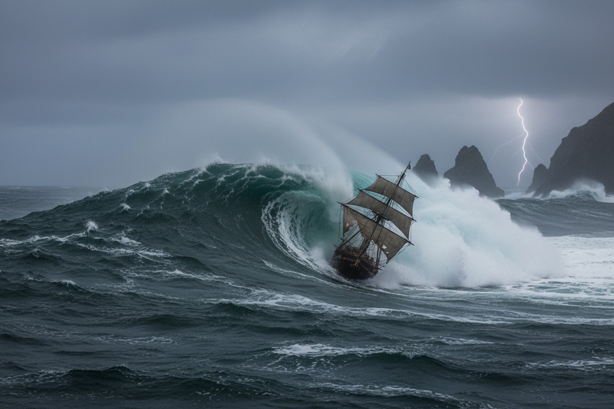 A tall sailing ship struggles against towering waves in a turbulent, stormy sea with lightning flashing in the background.